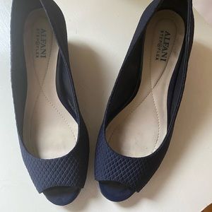 Alfani Step Flex Wedge Peep Toe Blue Fabric Womens Shoes 7M